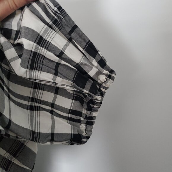 Black & White Plaid Button Down Shirt Blouse Checks  Balloon Sleeves Baby Doll - Picture 4 of 8